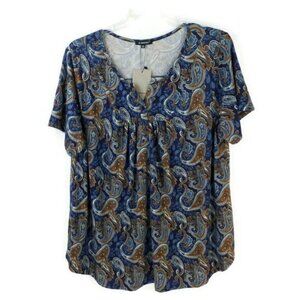 A. Jesdani Blue Brown Paisley Print Short Sleeve Henley Style Knit Top Womens 4X